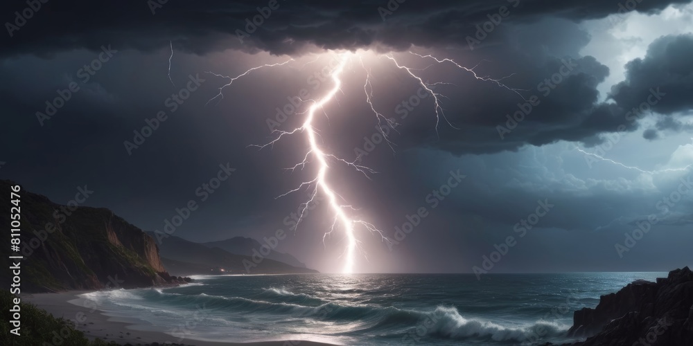 Canvas Prints lightning over the sea ocean. storm lightning. a huge branched lightning strikes the sea with a refl