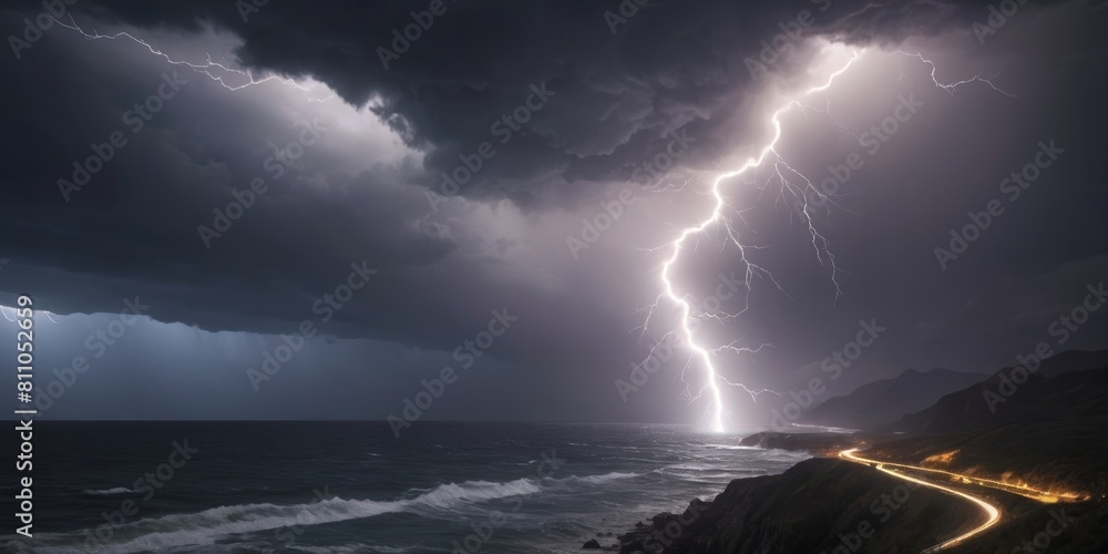Canvas Prints lightning over the sea ocean. storm lightning. a huge branched lightning strikes the sea with a refl