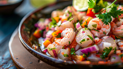 A fresh citrusy shrimp ceviche with onions, cilantro, and diced tomatoes