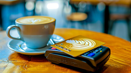 Using a digital wallet for contactless payments in cafe on white background.