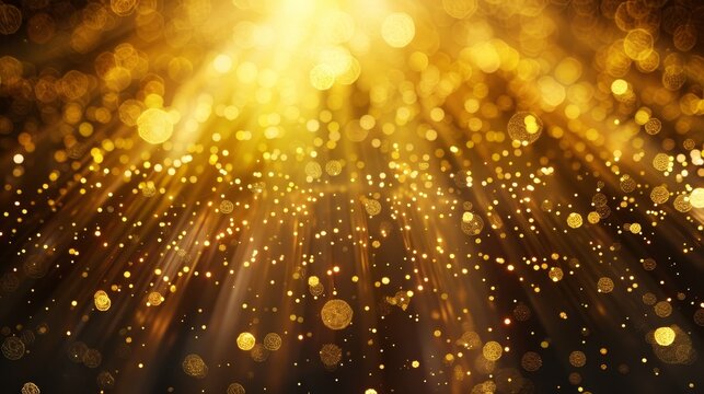 This image showcases a breathtaking display of glowing golden light with shimmering sparkling particles dancing and swirling throughout the frame The warm luminous glow creates a sense of enchantment