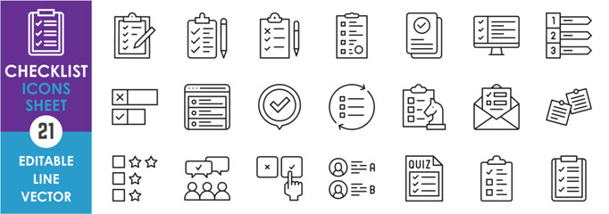 A set of linear icons related to checklist. To do, schedule, time table, routine, quitz and so on. Outline icons set.