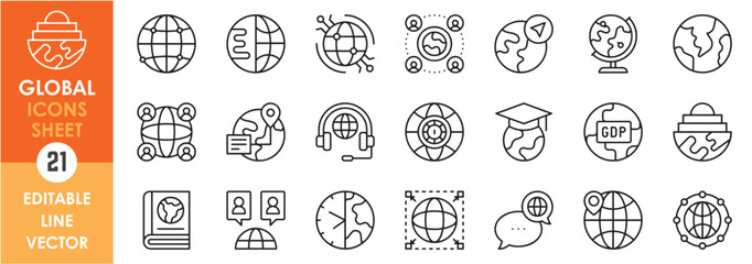 A set of linear icons with global related symbols. World, earth, global, networking, internet and so on. Outline icons set.