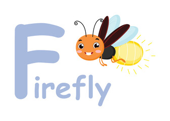 Cute font alphabet F for firefly cartoon characters