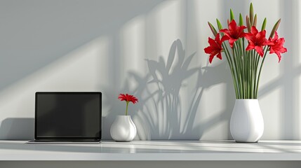 a modern home office desk adorned with a laptop and vibrant red flowers against a pristine white wall background, serving as a mockup for a work-from-home concept.