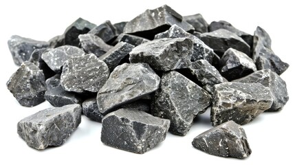 asteroid stones piled atop each other on a white background with a clipping path, presenting a panoramic photo ideal for landscaping or construction material use.