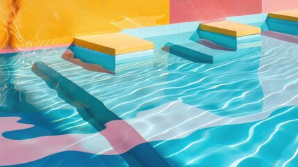 Aqua and magenta tints and shades create a vibrant display in this artistic piece featuring a colorful painting of a pool with reflections of buildings in the water AIG50