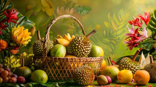 Vibrant Tropical Fruit Medley Starring the Majestic Durian Generative ai