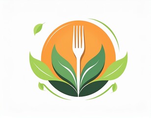 logo restaurant avec deux fourchettes dans une assiette et des feuilles, écriture libre en dessin ia