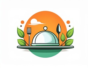 logo restaurant avec deux couverts et une cloche dans une assiette et des feuilles, écriture libre en dessin ia