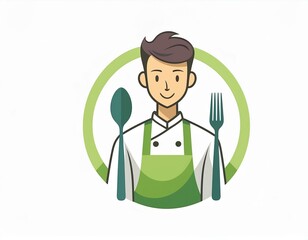 logo restaurant rond vert avec un cuisinier et des couverts en ia