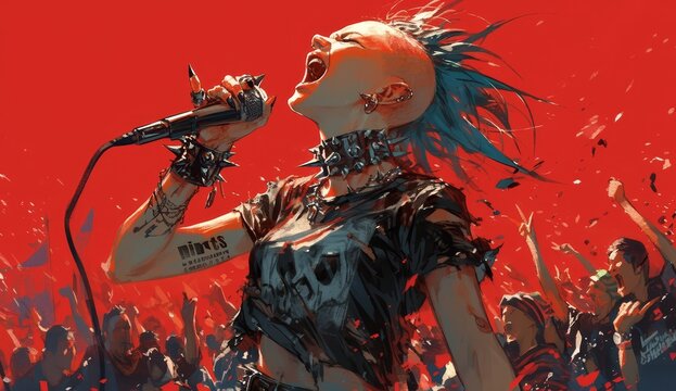 A punk rock girl with a mohawk and band t-shirt singing in front of an angry crowd against a red background