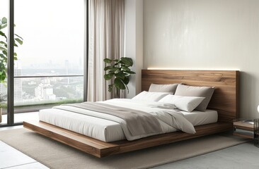 Modern bedroom interior with a wooden headboard and white walls, with a panoramic window overlooking the city