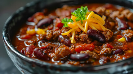 A hearty bowl of chili with beans, beef, and topped with shredded cheese