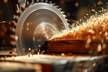 Circular saw closeup view, wooden block, sawdust, carpenter's work, wooden work