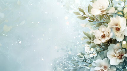 Floral Edge and Soft Blue Bokeh, Elegant Nature Background

