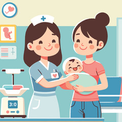 cartoon of a midwife with a mother and baby in a clinic
