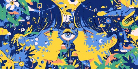 A trippy psychedelic cartoon of two heads with an eye in the middle, colorful, tripping. 