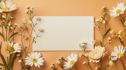 Greeting, invitation blank card in frame made of flowers, copy space. Mock up. Flat lay.