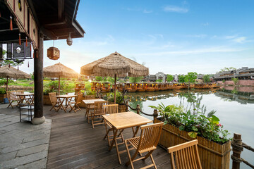 Rural restaurant, outdoor restaurant by the lake