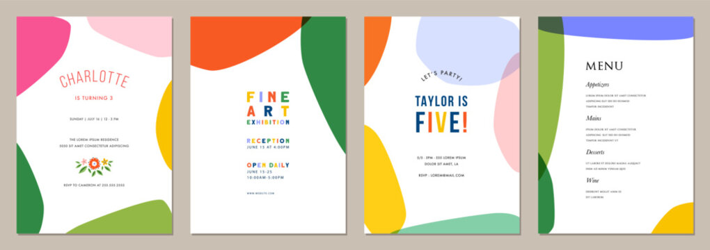 Set of abstract creative artistic templates. For poster, birthday, wedding and party invitation, greeting and business card, flyer,  brochure, email header, post in social networks, advertising.