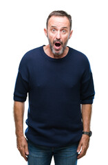 Fototapeta premium Middle age hoary senior man over isolated background afraid and shocked with surprise expression, fear and excited face.