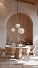 modern dining room with a large round table and a vaulted ceiling