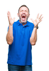 Naklejka premium Middle age hoary senior man over isolated background celebrating mad and crazy for success with arms raised and closed eyes screaming excited. Winner concept