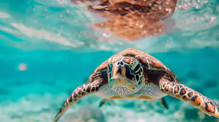 Obraz premium Stunning closeup shot of a sea turtle in the clear blue ocean water