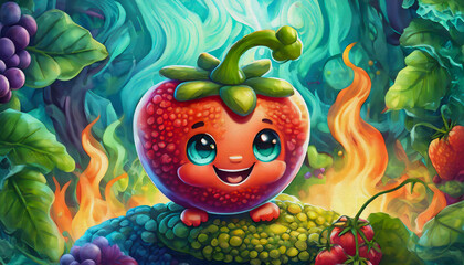 oil painting style CARTOON CHARACTER CUTE happy Red tomato pepper is sitting in front of fire with smoke billow.,