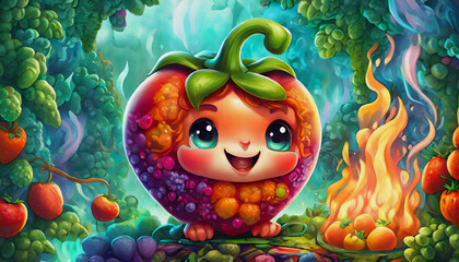 Fototapeta premium oil painting style CARTOON CHARACTER CUTE happy Red tomato pepper is sitting in front of fire with smoke billow.,