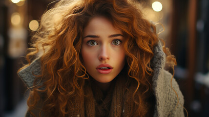 Fototapeta premium Winter Wonder, Young Woman With Voluminous Curly Hair, Captivating And Alluring, Ai Generated