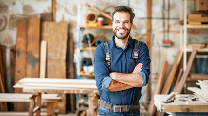 A portrait of smiling male carpenter standing in front of his woodwork workshop