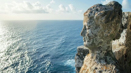 A sculpture of a woman on a rock, gazing out over the vast ocean in a serene natural landscape, with the sky and water blending seamlessly AIG50