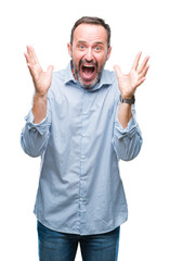 Middle age hoary senior business man over isolated background celebrating crazy and amazed for success with arms raised and open eyes screaming excited. Winner concept