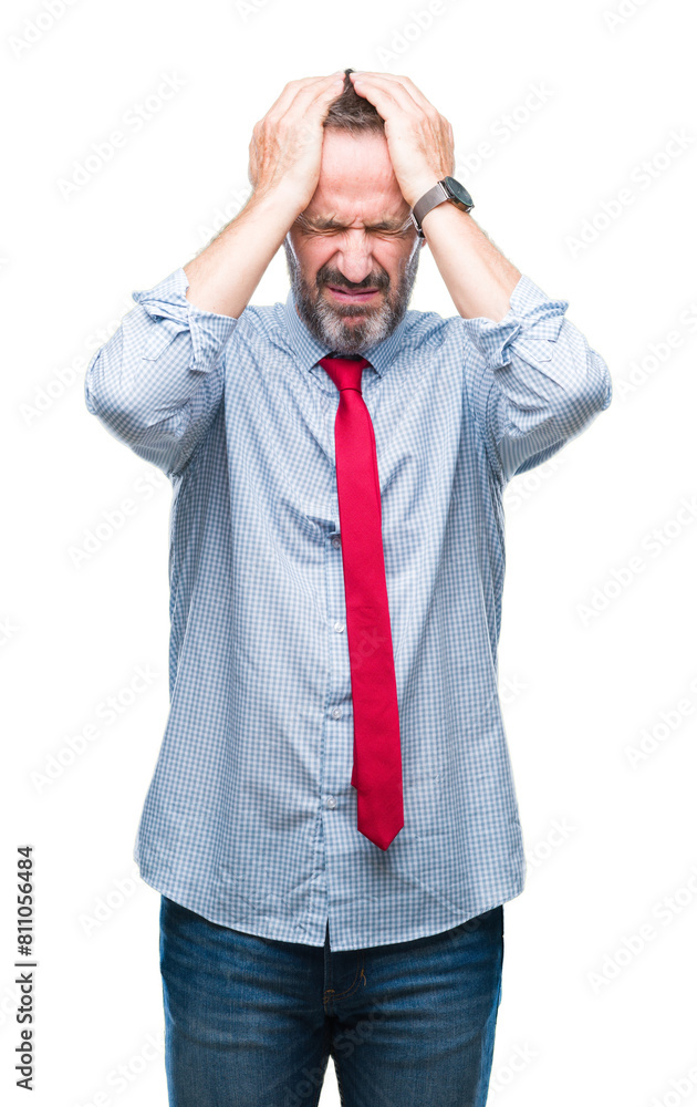 Wall mural Middle age hoary senior business man wearing red tie over isolated background suffering from headache desperate and stressed because pain and migraine. Hands on head. - Wall murals