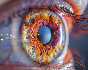 An up close image of a brown and blue eye with visible veins and capillaries.