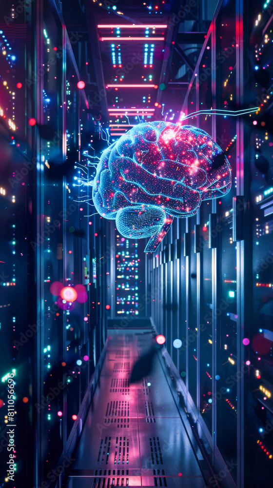 Aufkleber a brain suspended in the middle of the server room. concept of artificial intelligence and machine l
