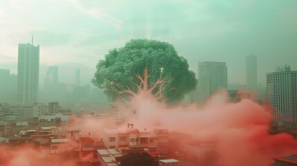 Urban Redemption A Giant Holographic Tree Immersed in a Foggy Cityscape Symbolizing Environmental Action Generative ai