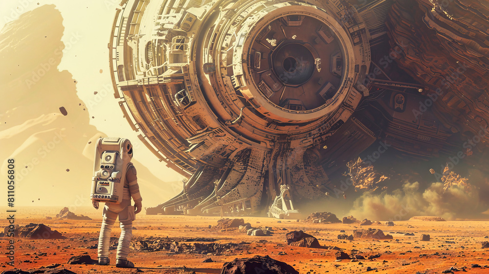 Poster an astronaut on an alien planet standing near a high tech intricate ancient alien structure or stars