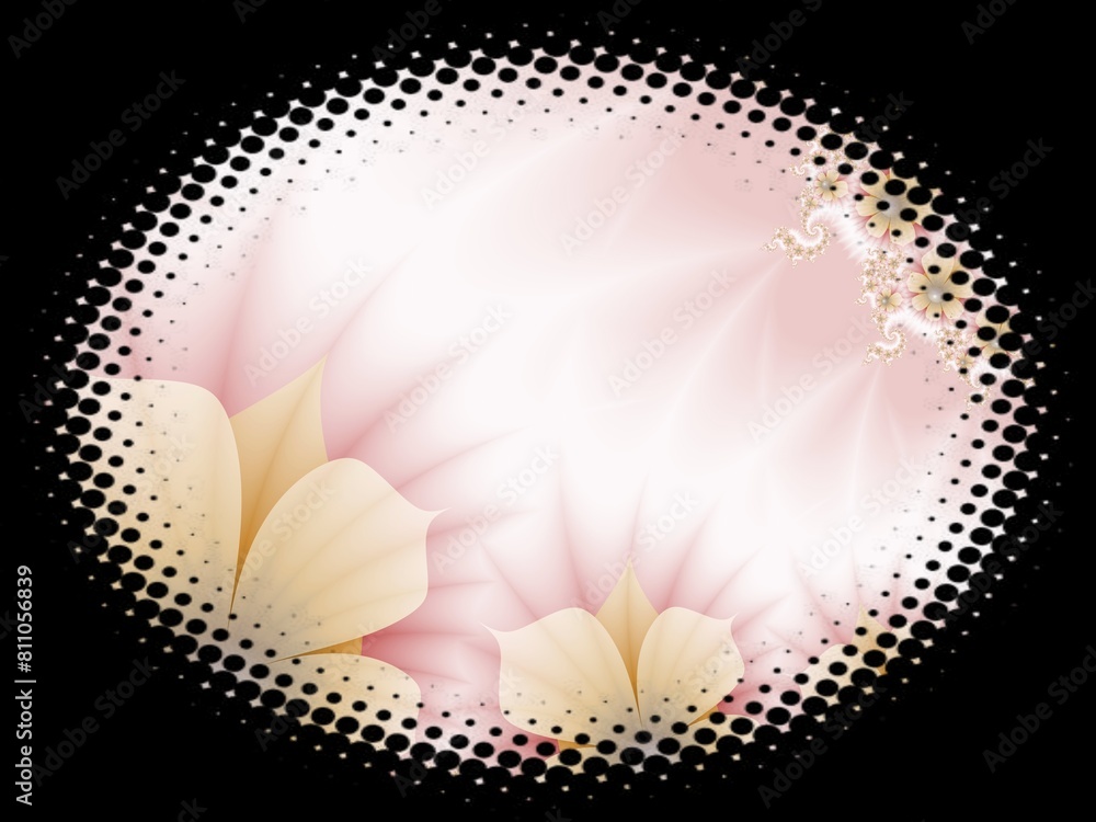 Poster fractal image in an oval frame with flowers on a dark background..template with place for inserting 