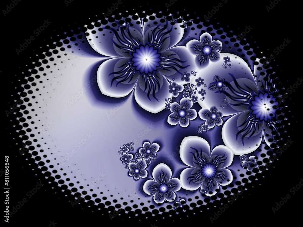 Poster fractal image in an oval frame with flowers on a dark background..template with place for inserting 