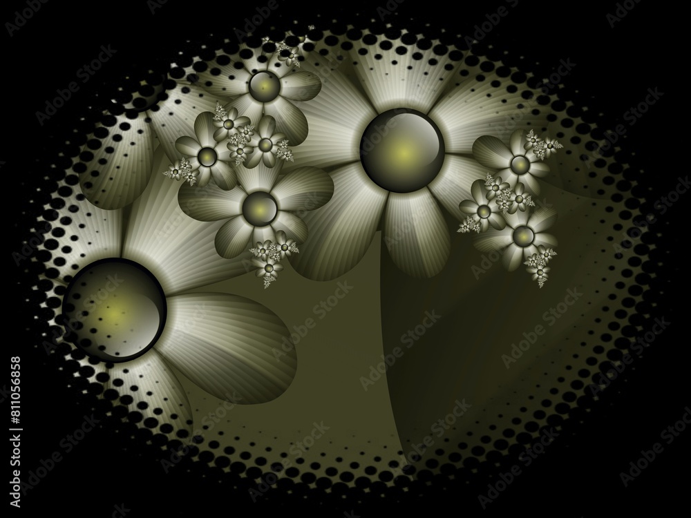 Poster fractal image in an oval frame with flowers on a dark background..template with place for inserting 