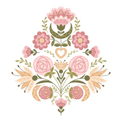 Symmetrical abstract floral composition in vintage fantasy style. Vector flat hand drawn illustration in boho folk style and muted colors isolated on white background
