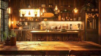wooden kitchen scene, featuring an empty dining table offering sample copy space for showcasing your products