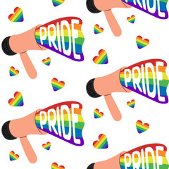 Seamless pattern with megaphone and hearts with rainbow in flat style. Peaceful and equality concept supporting LGBTQ community. Vector hand drawn illustration for Pride month