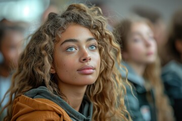Obraz premium A young girl with striking green eyes appears deep in thought and focus amidst a group setting