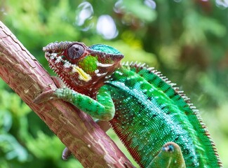 Colorful green panther chameleon lizard on a tree. © D'Arcangelo Stock