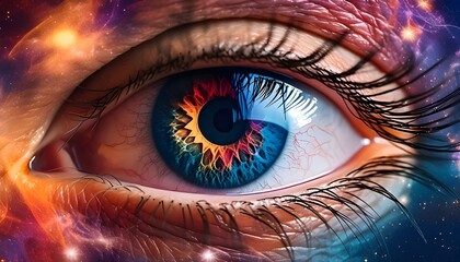 A vibrant and colorful artistic representation of an eye with the universe visible behind, great for screen image composite