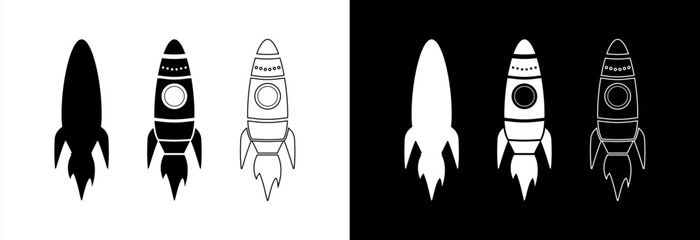 Space rocket with a jet engine. Icon on a white and black background.